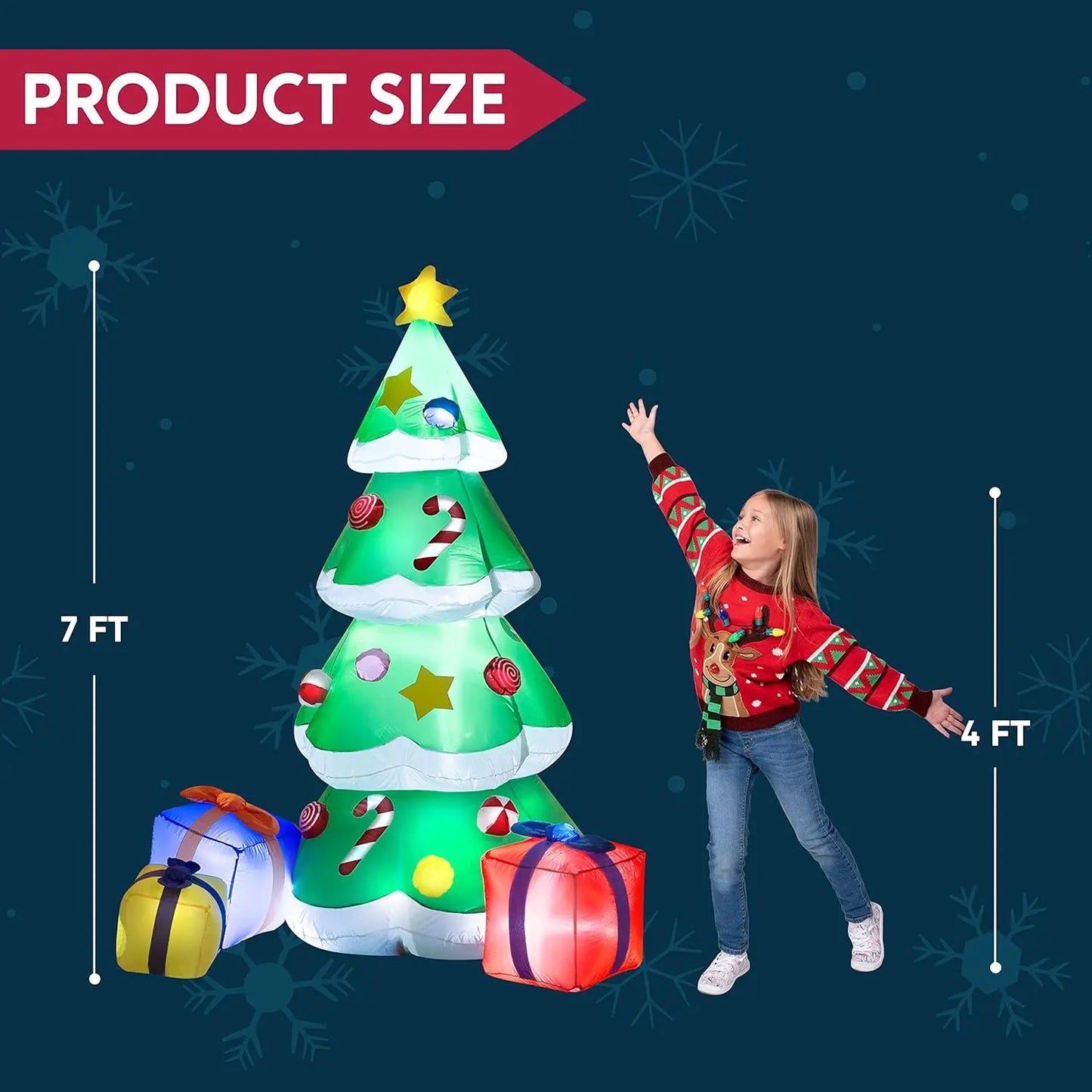 JOYFY 7 FT Christmas Tree Inflatables Outdoor Decoration Giant with 3 Gift Boxes Build-in LEDs for Blow Up Xmas Decoration
