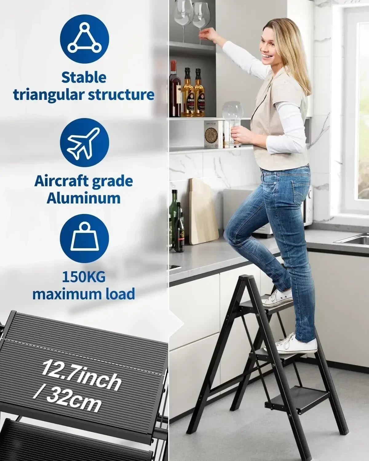 Step Ladder Aluminum Folding Step Stool W/ Wide Anti-Slip Pedal Home Office Lightweight Portable Stepladder (Silver,black)