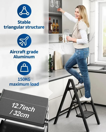 Step Ladder Aluminum Folding Step Stool W/ Wide Anti-Slip Pedal Home Office Lightweight Portable Stepladder (Silver,black)