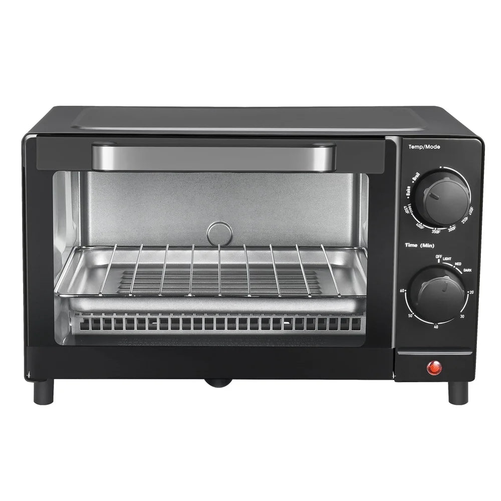 1050W 4-Slice Toaster Oven with 3 Settings Adjustable Timer Bake Broil Toast Space-Saving Design Includes Baking Rack Pan Easy