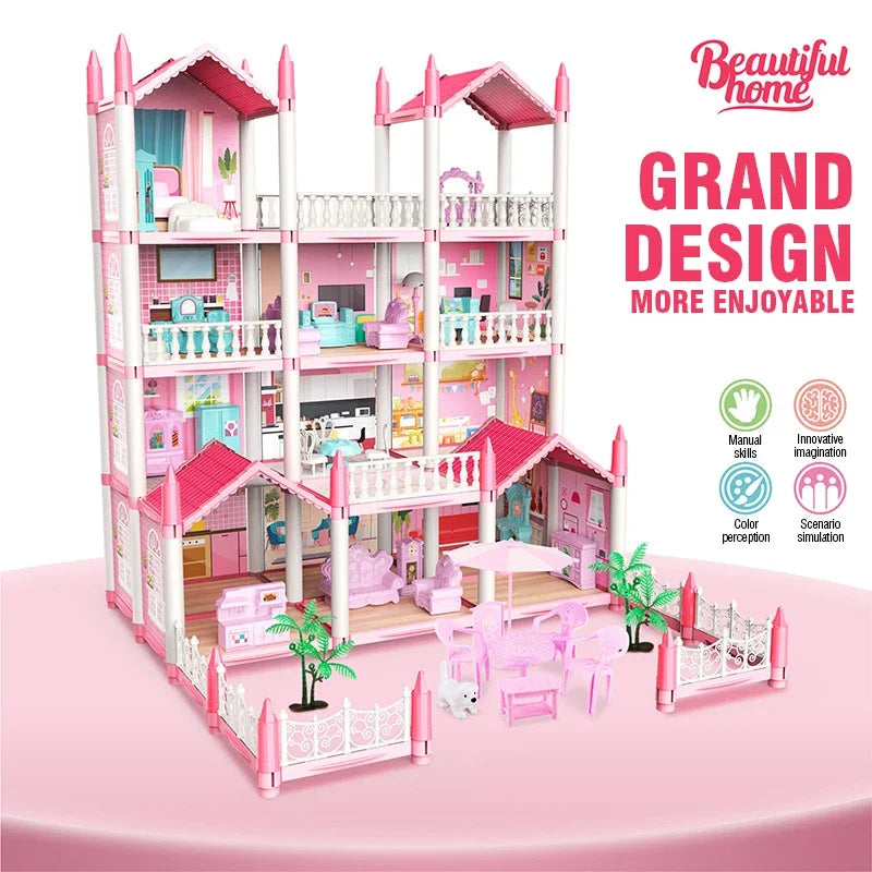 Girl Doll House Toy Children Pretend Play Dollhouse Villa Patchwork Dream Furniture Home Doll House for Kids Christmas Toy Gifts