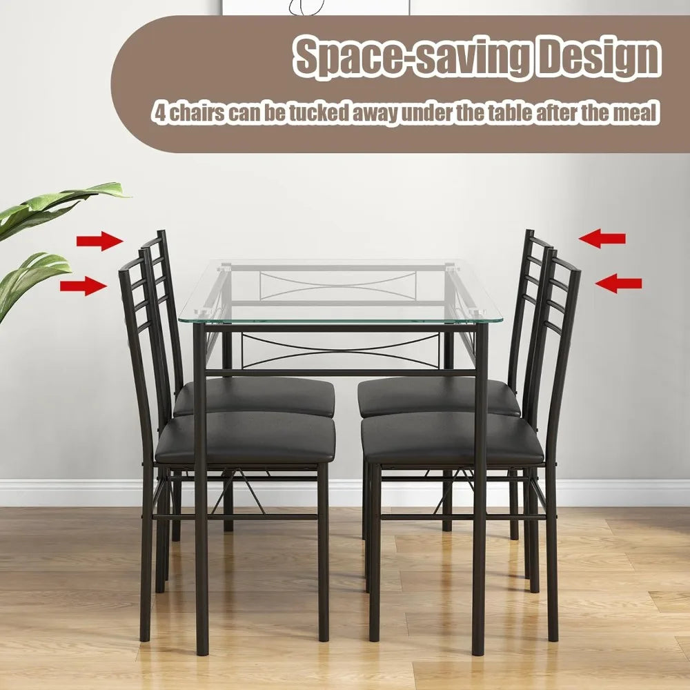 5 Piece Dining Table Set, Kitchen Dining Set with Tempered Glass Table Top and 4 Upholstered Chairs, Dinette Set for 4 for Brea