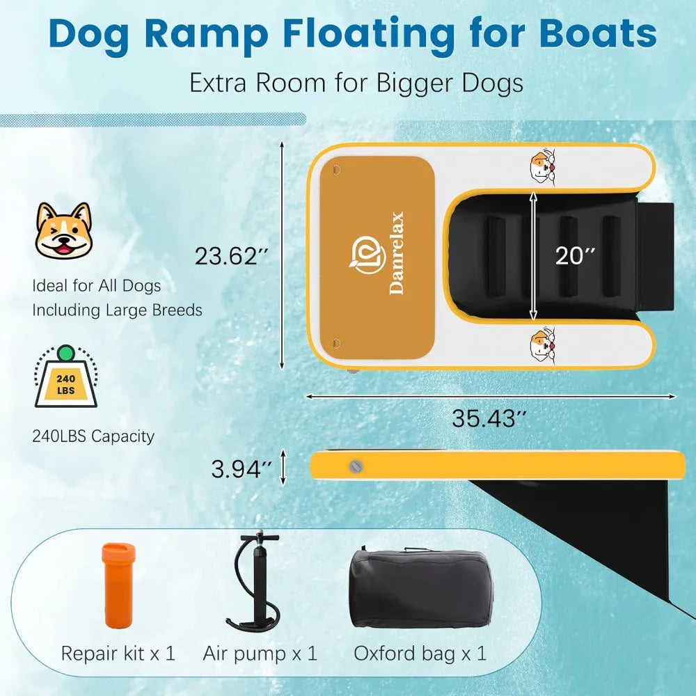 Inflatable Dog Boat Ramp, 35" L x 24" W x 4" H Perfect for Small-Sized Pets Up to 220 lbs, Boat Water Ladder with Claw-Friendly