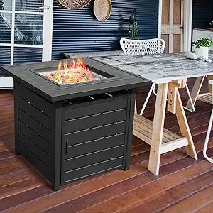 28 Inch Propane Fire Pit Table, Outdoor Gas Fire Pits with Lid & Lava Rock, 50000 BTU Firepit for Dinning, Party in Outside, Pat