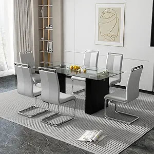 71" Glass Dining Table Set for 6, 7 Piece Dining Table Set with Tempered Glass Top & 6 White PU Leather Ergonomic Chairs, Modern