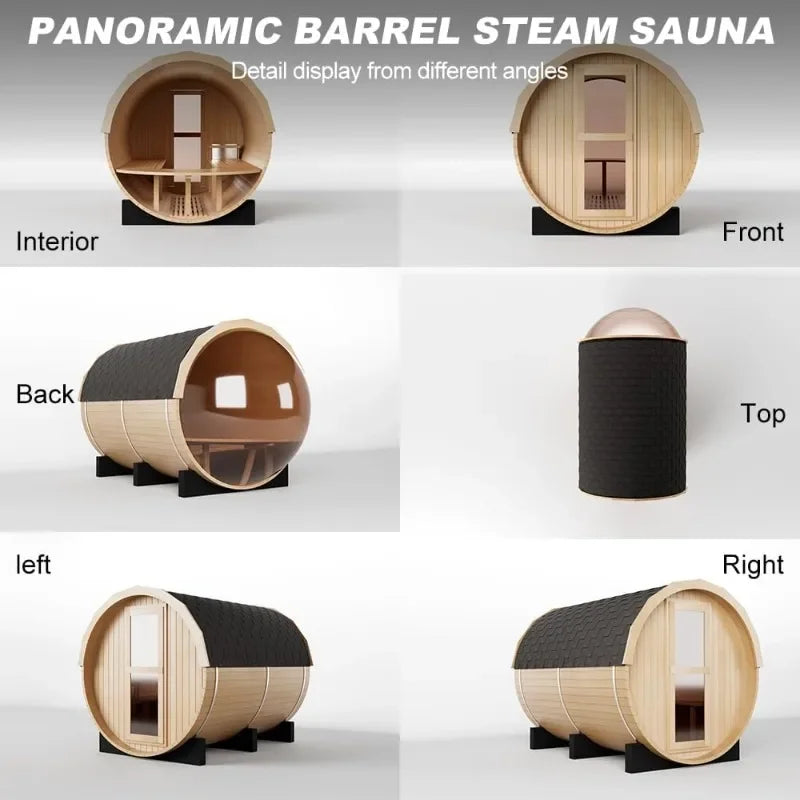 Outdoor 4-6 Person Barrel Sauna, 6kW Heater & Asphalt Shingle Roof, 220V Red Cedar Panoramic Room