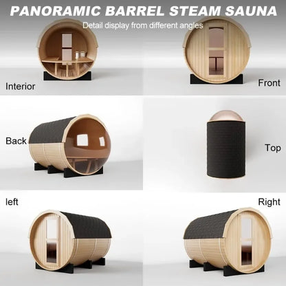 Outdoor 4-6 Person Barrel Sauna, 6kW Heater & Asphalt Shingle Roof, 220V Red Cedar Panoramic Room
