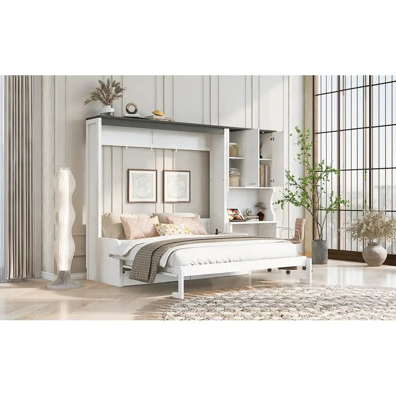 Queen Murphy Bed with Sofa, Desk, and Storage Cabinet - Space-Saving Foldable Design for Small Spaces