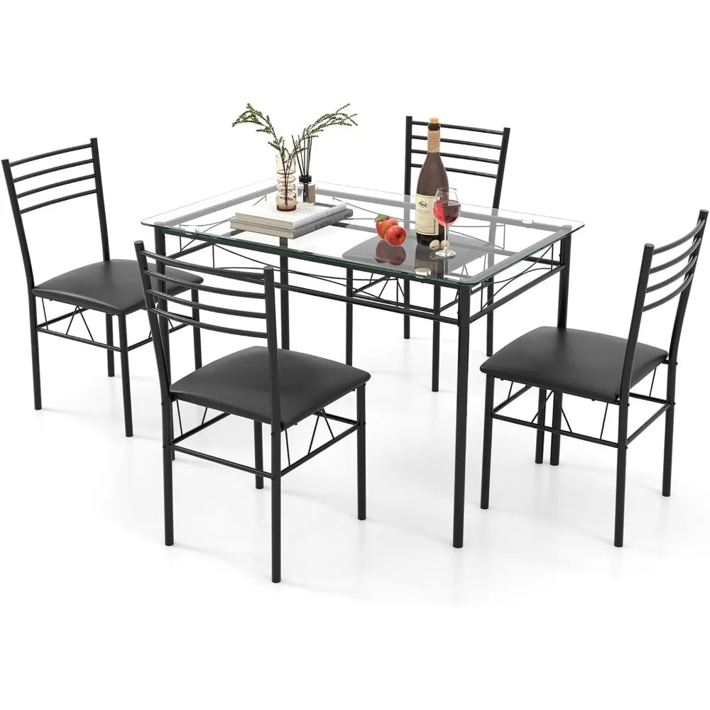 5 Piece Dining Table Set, Kitchen Dining Set with Tempered Glass Table Top and 4 Upholstered Chairs, Dinette Set for 4 for Brea