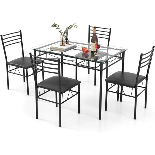 5 Piece Dining Table Set, Kitchen Dining Set with Tempered Glass Table Top and 4 Upholstered Chairs, Dinette Set for 4 for Brea