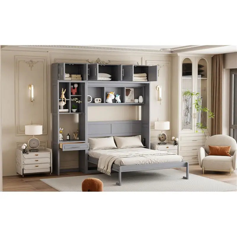 Queen Murphy Bed with Desk, Top Cabinet & Storage Shelves - Space Saving Foldable Bed in Gray