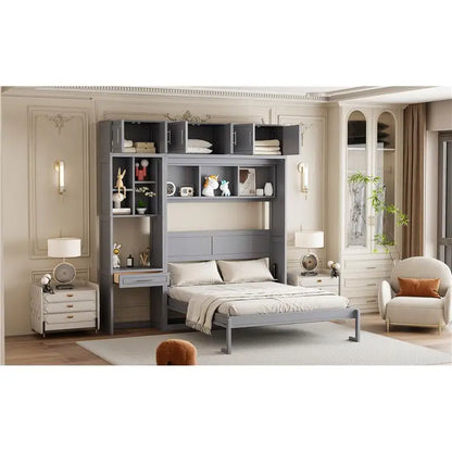 Queen Murphy Bed with Desk, Top Cabinet & Storage Shelves - Space Saving Foldable Bed in Gray