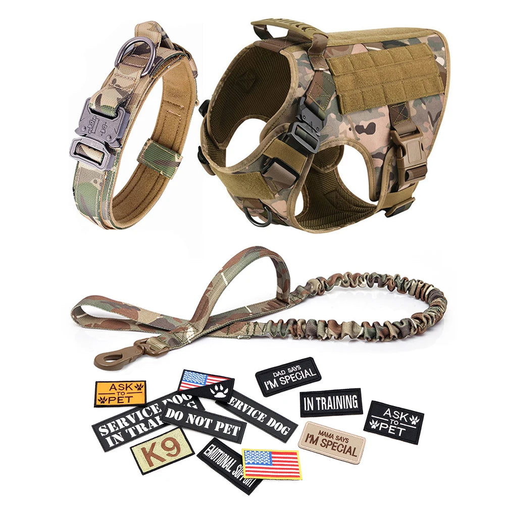 Dog Harness Leash Collar Patches Set for Medium Large Dogs Military Pet Vest Adjustable Tactical Dog Harnesses Training Walking