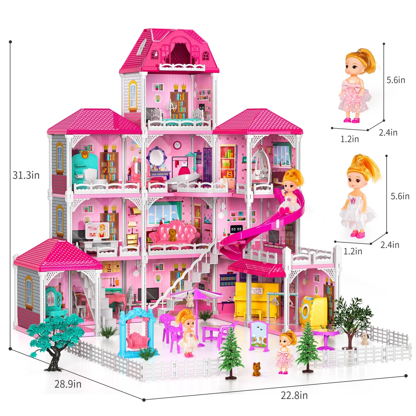 Pretend Play Villa Kids Toys For 3-8 Ages Girls 12 Rooms Doll House With 2 Dolls And Accessories Slide Birthday Gifts For Girls
