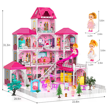 Pretend Play Villa Kids Toys For 3-8 Ages Girls 12 Rooms Doll House With 2 Dolls And Accessories Slide Birthday Gifts For Girls