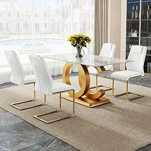 Modern Dining Table Set for 4 ，5 Piece Dining Table Chairs Set for 4,Glass Table Top and MDF Base，Rectangular Dining Room Table