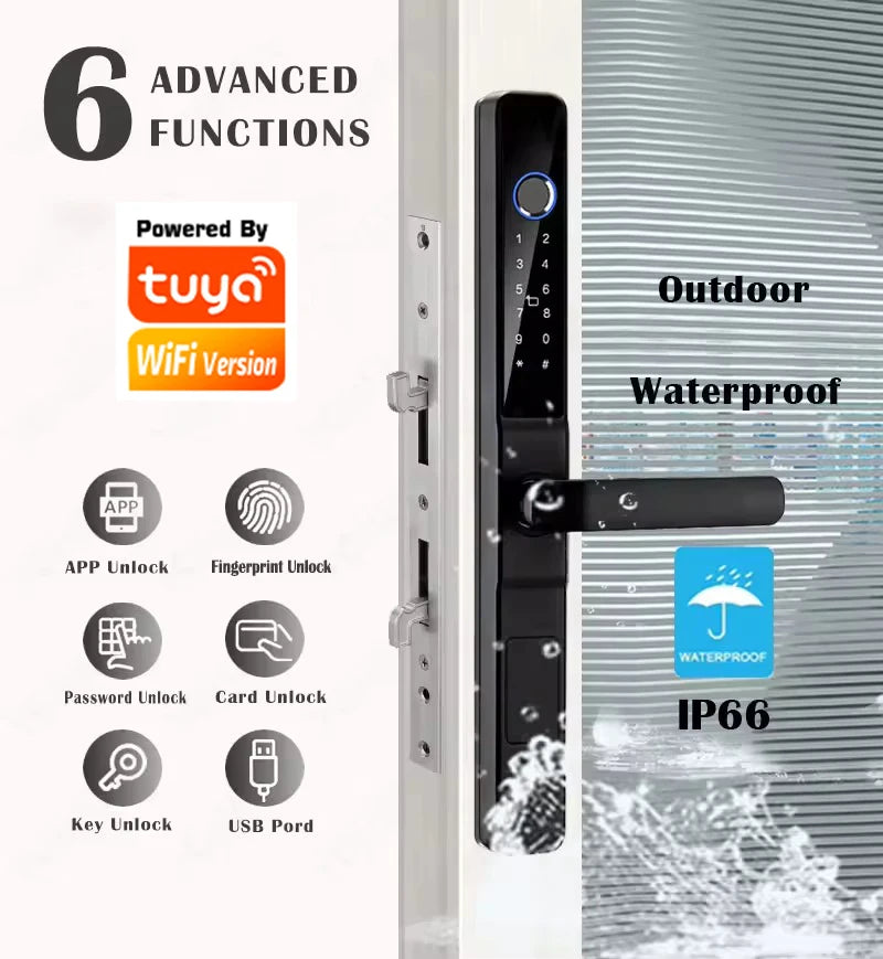 TUYA WIFI Waterproof Outdoor Fingerprint Lock APP RFID Card Password Keyless Smart Electronic Door Lock Aluminum/Glass Sliding