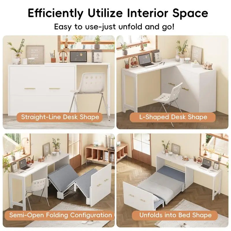 Murphy Cabinet Bed Twin Size with Adjustable Desk, Foldable Cushion Chest Dresser for Guest Room in Small Spaces, White Finish