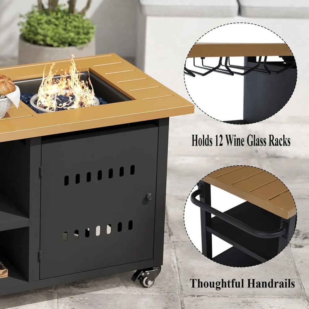 Outdoor Fire Pit, Gas Fire Pit Table with Universal Wheels, 50000 BTU Firepits for Outside, 44" Propane Fire Pit with Storage Sp