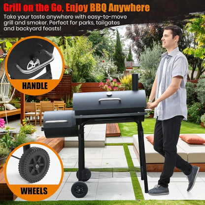 Outdoor Charcoal BBQ Grill and Smoker with Large Cooking Space - Barrel Combo for Backyard Cooking