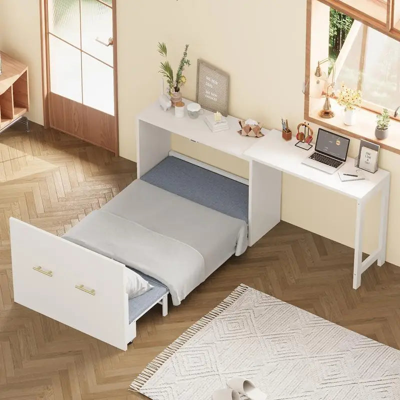 Murphy Cabinet Bed Twin Size with Adjustable Desk, Foldable Cushion Chest Dresser for Guest Room in Small Spaces, White Finish
