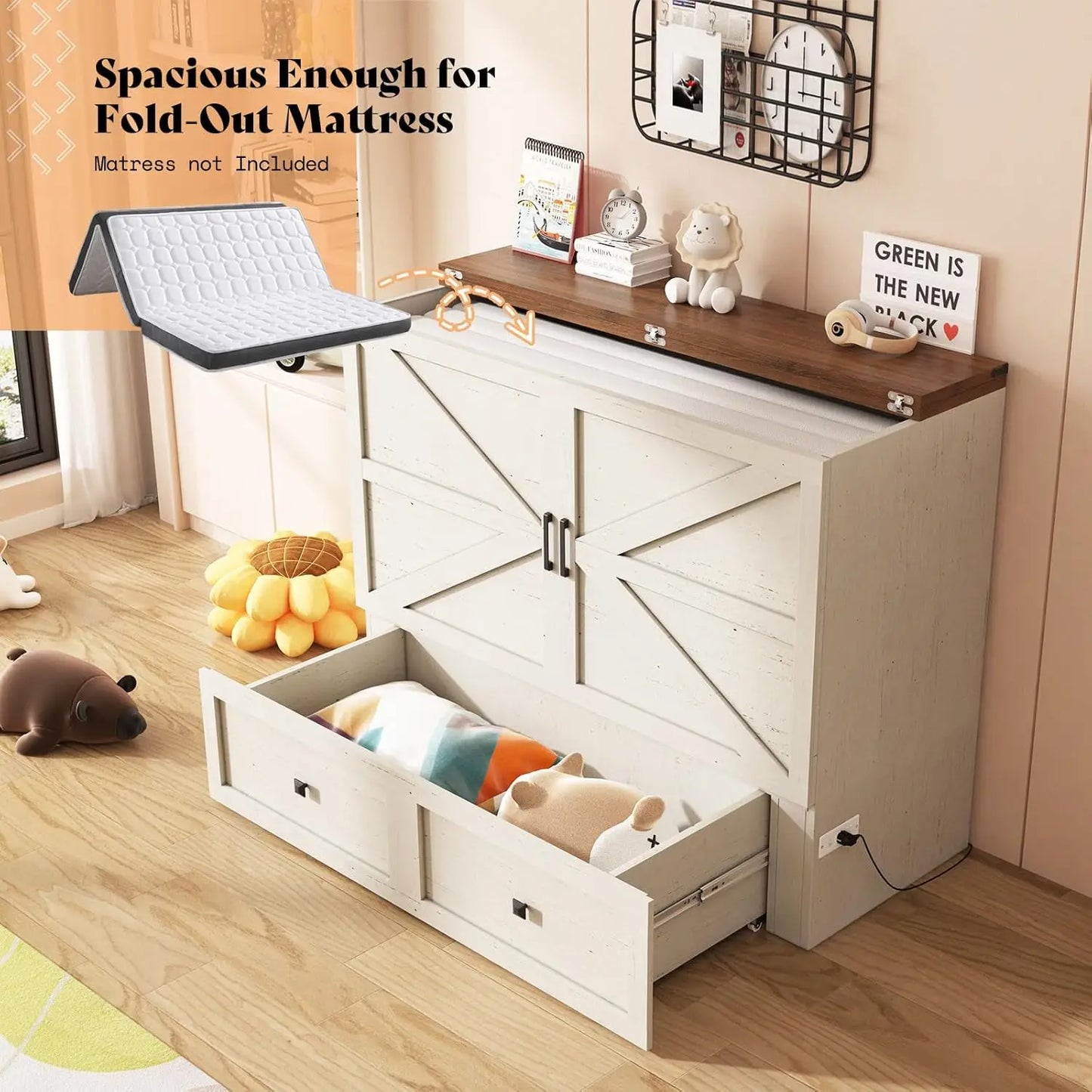 Farmhouse Style Murphy Bed with Storage, Foldable Panel, and Charging Station for Quiet Guest Bedroom