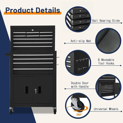 13-Drawer Double Door Rolling Tool Chest, 2 in 1 Detachable Tool Chest,Tool Box with Drawers and Wheels, Large Tool Cabinet