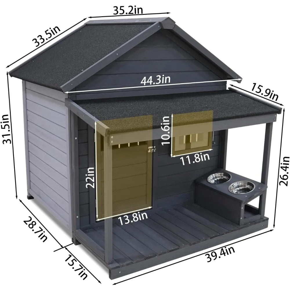 Dog House with Porch, Outdoor Indoor Wooden Doghouse with Dog Bowl, Door, Window, Removable Base Plate, Weatherproof Dog Kennel