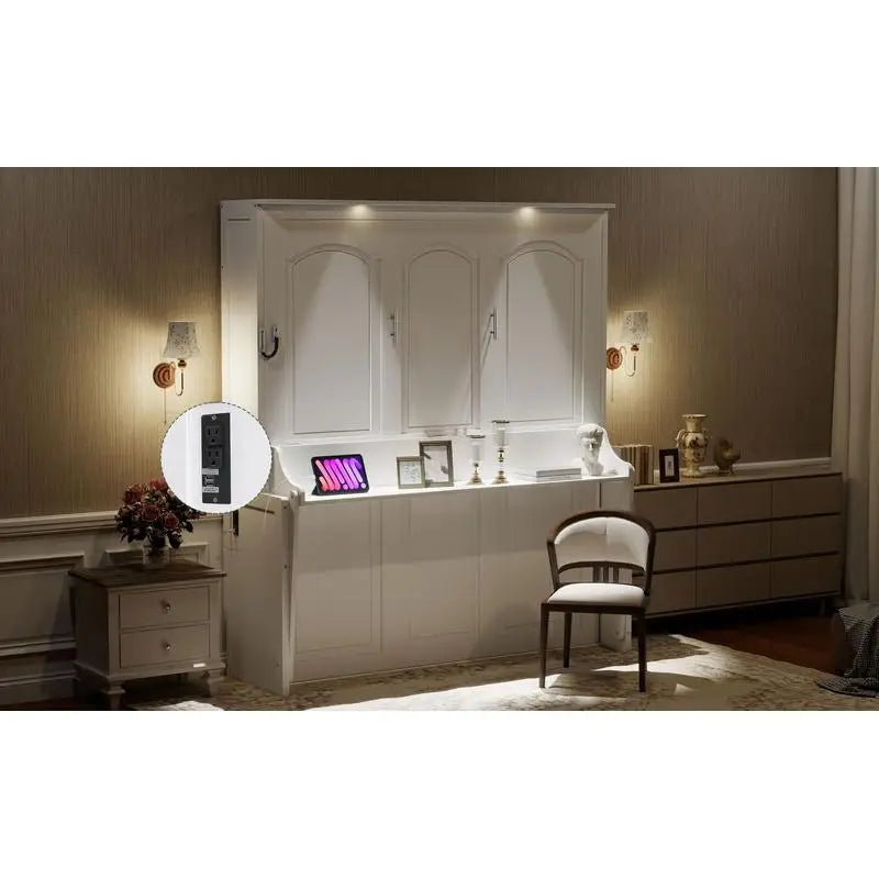 Queen Size Murphy Bed with Desk, LED Lighting and USB Charging Station, White Finish
