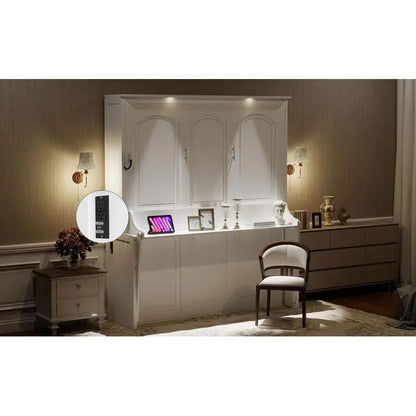 Queen Size Murphy Bed with Desk, LED Lighting and USB Charging Station, White Finish