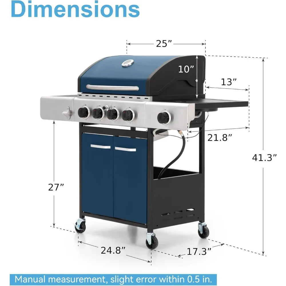 4 Burner BBQ Propane Gas Grill with Side Burner & Porcelain-Enameled Cast Iron Grates, 545 SQIN Grilling Area 42,000 BTUs BBQ