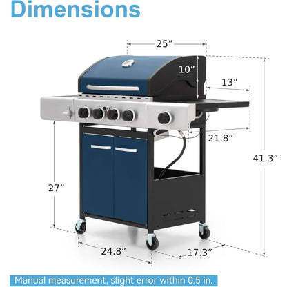 4 Burner BBQ Propane Gas Grill with Side Burner & Porcelain-Enameled Cast Iron Grates, 545 SQIN Grilling Area 42,000 BTUs BBQ
