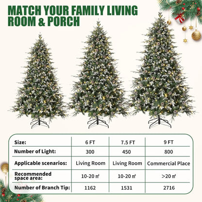 6Ft/7.5Ft/9Ft Pre-Lit Snow Flocked Christmas Tree 8-Modes LED Lights Prelit Artificial Tree With Fake Pine Cones For Home Decor