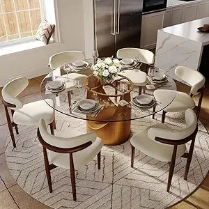 59" Round Dining Table for 4-6, Glossy White Sintered Stone Dining Tabletop with Bronze Carbon Steel Pedestal, Modern Dining Ro