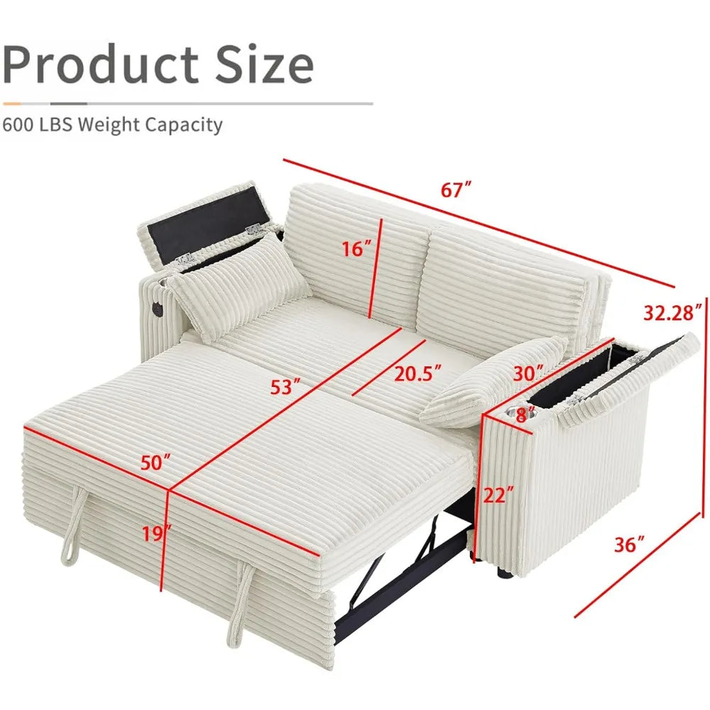Loveseat, 68.11" Corduroy Sleeper Chair Bed with USB Port, Cup Holders & Side Storage Pockets – 3-in-1 Foldable Sofa Bed for Guest Room