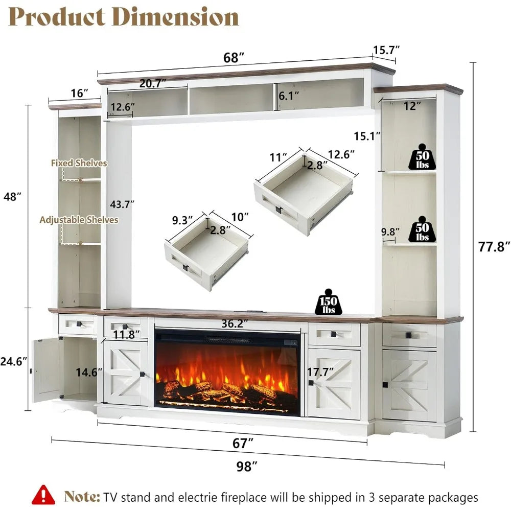 Farmhouse Style 98-inch Entertainment Center with Fireplace, TV Stand, Bookshelf, Wine Cabinet for 75-inch TVs
