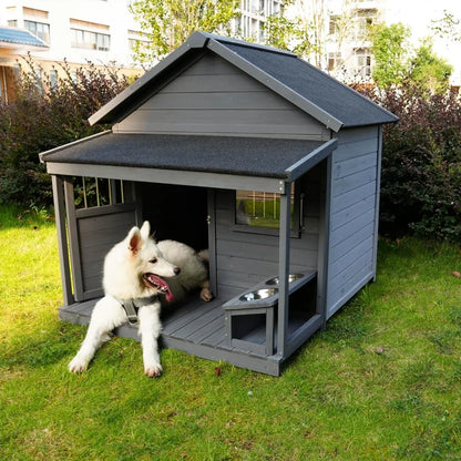 Dog House with Porch, Outdoor Indoor Wooden Doghouse with Dog Bowl, Door, Window, Removable Base Plate, Weatherproof Dog Kennel