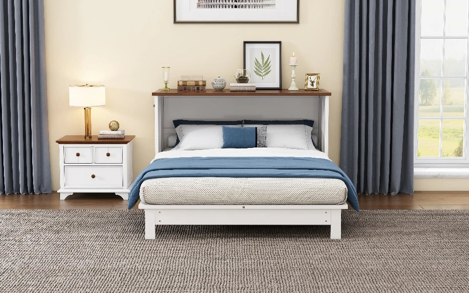 Solid Pine Murphy Bed Chest with Charging Station and Large Storage Drawer, Queen sized mattress