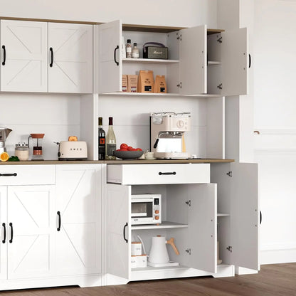 "71in White Kitchen Pantry Cabinet w/ USB Charging Station, Coffee Bar & Appliance Storage for Dining Room"