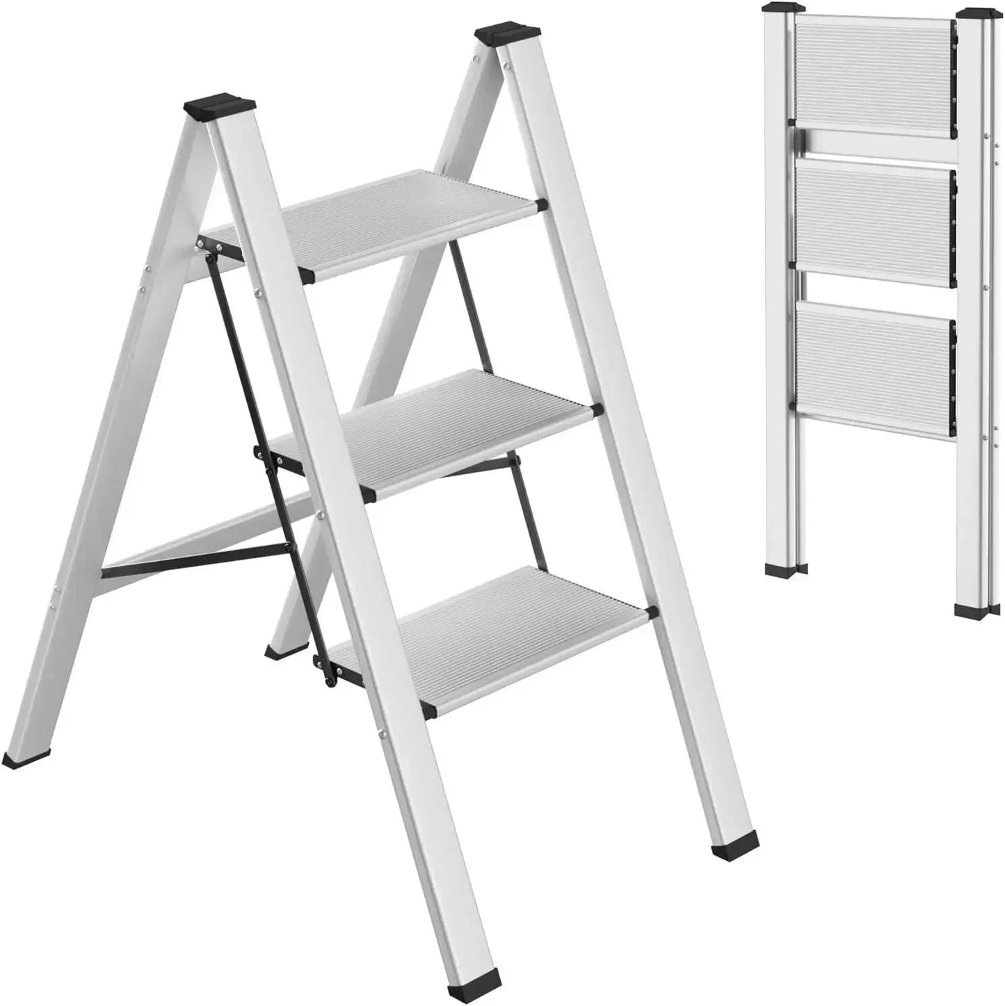 Step Ladder Aluminum Folding Step Stool W/ Wide Anti-Slip Pedal Home Office Lightweight Portable Stepladder (Silver,black)