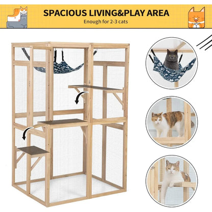 Wooden Outdoor Cat Enclosure with Window Access, Patio Shelter, and Hammock for Indoor Use