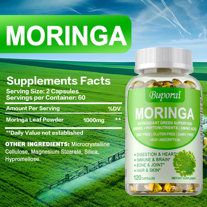 Moringa - Metabolism Natural Anti-inflammatory Fat Burn,Helps Detox,  Immune System Health - 120 Capsules