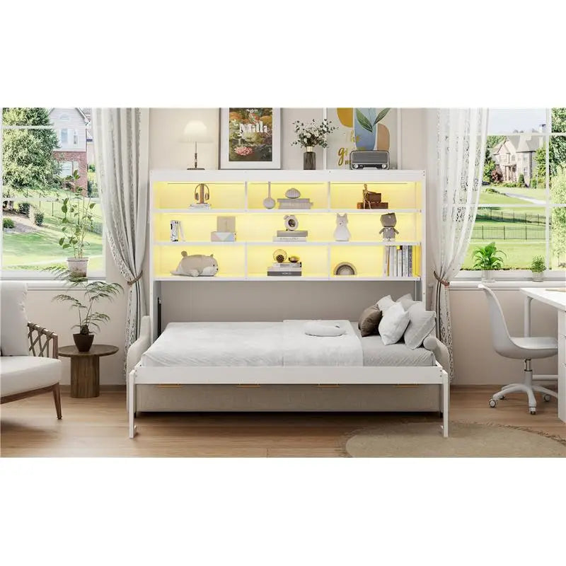 Murphy Cabinet Bed with Sofa, Storage Shelves & LED Light, Beige Color
