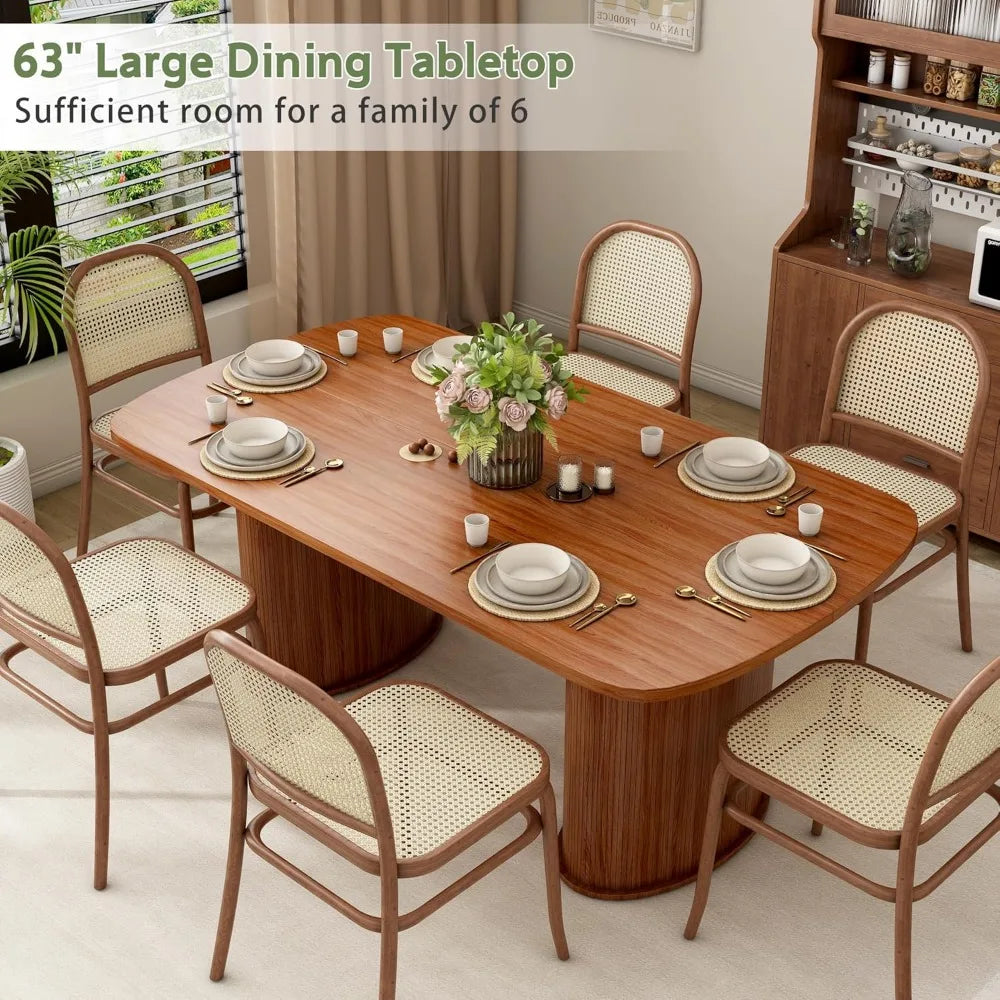 63 inch Rectangular Dining Table for 6, Kitchen Table Dinner Table with Cylindrical Base, Safe Rounded Edge Farmhouse Dining Tab