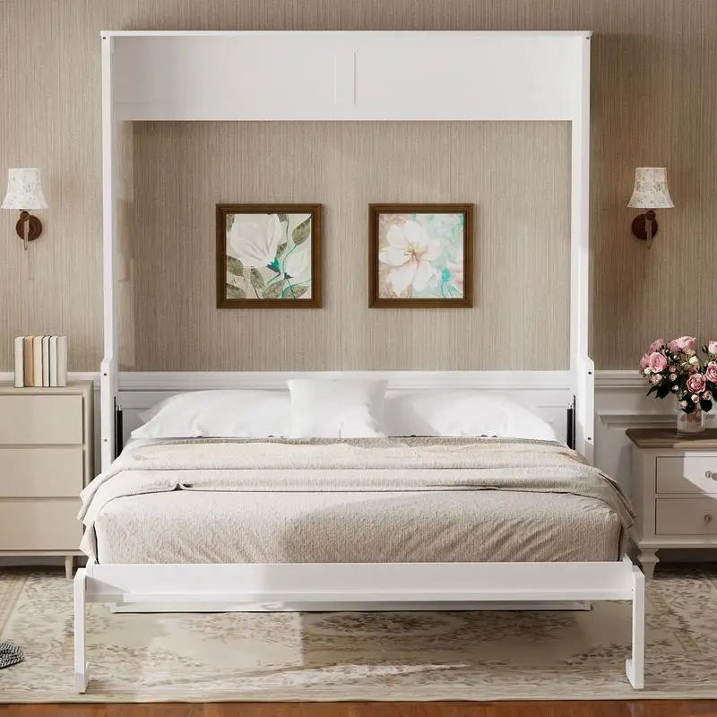 Queen Size Murphy Bed with Desk, LED Lighting and USB Charging Station, White Finish