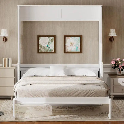 Queen Size Murphy Bed with Desk, LED Lighting and USB Charging Station, White Finish