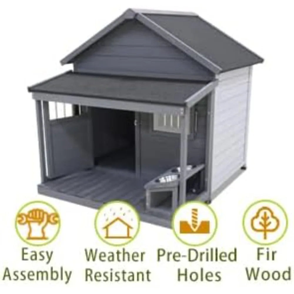 Dog House with Porch, Outdoor Indoor Wooden Doghouse with Dog Bowl, Door, Window, Removable Base Plate, Weatherproof Dog Kennel