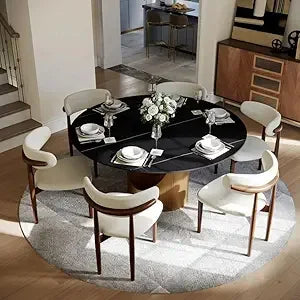 59" Round Dining Table for 4-6, Glossy White Sintered Stone Dining Tabletop with Bronze Carbon Steel Pedestal, Modern Dining Ro