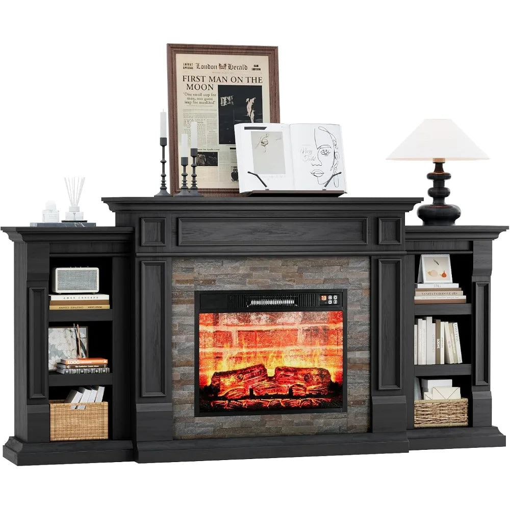 72" Fireplace TV Stand for TVs Up to 80 Inch, Electric Fireplace with Mantel, Modern Entertainment Center with Storage,