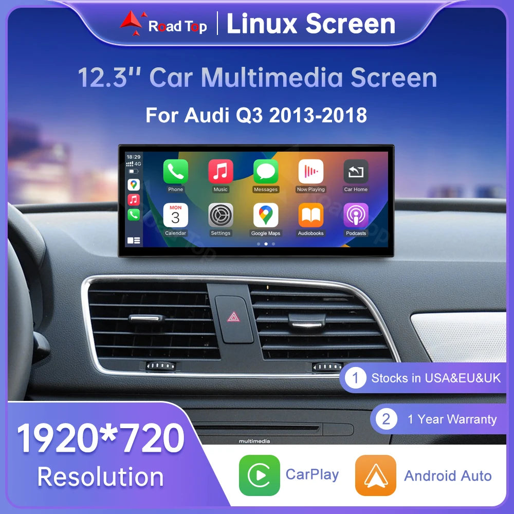Road Top 12.3" Linux Screen Multimedia For Audi Q3 2013-2018 Wireless CarPlay Android Auto Airplay Car Radio Player
